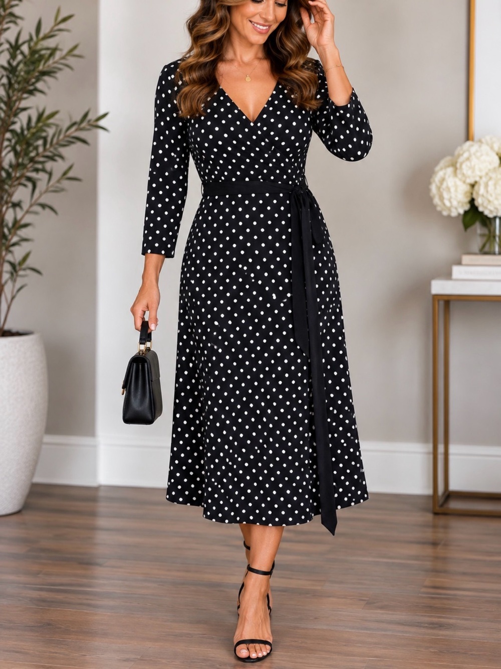 LuLaRoe Black and White Polka Dot Wrap Midi Dress